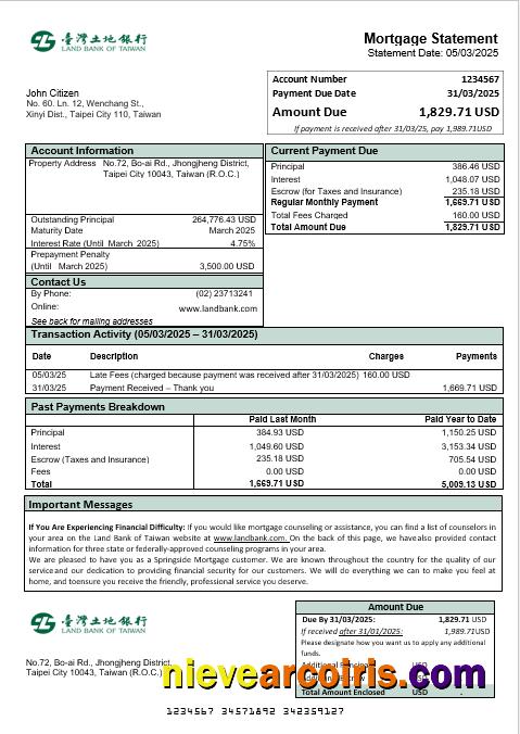 Taiwan Land Bank of Taiwan bank mortgage statement
